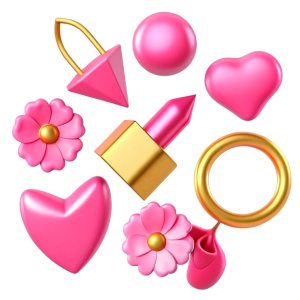 3d plastic collection of elements for Valentine's day, heart, calendar, letter, lipstick, cherry, ring, flower