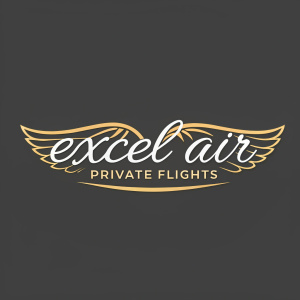 Logo design for Excel Air Private Flights. Elegant cursive script in gold and gray. Features stylized wing shape.