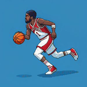 Pixel art illustration of Kyrie Irving. Wearing red and white jersey. Posing in mid-air, dribbling a basketball. Solid blue background