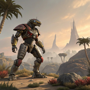 3D rendering of Dinobot 2 from Transformers: Beast Wars. The robot has a blend of metallic and organic elements. It stands in a dynamic pose. Background is a vast alien landscape.
