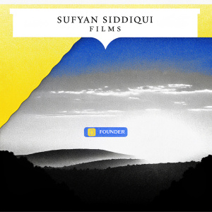 Homepage of Sufyan Siddiqui Films website showcasing a dramatic sunset landscape image. At the bottom, there's a section featuring a message from the founder and links to social media platforms. The company logo is prominently displayed at the top.