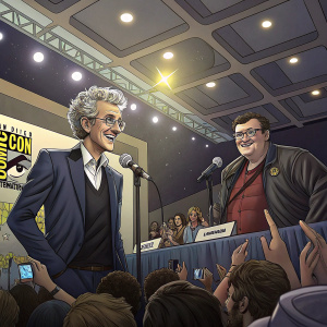 Peter Capaldi and Steven Moffat at a panel discussion during Comic-Con International. The room is filled with eager fans, bright lights, and microphones.