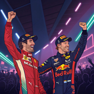 Mark Webber and Sebastian Vettel, in their racing suits, celebrating in the post-race party. Neon lights and cheering crowd in the background.