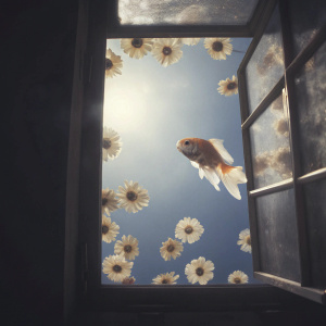 A goldfish soaring through a bright blue sky, with scattered flowers floating around, soft clouds drifting by, and warm sunlight casting a gentle glow.