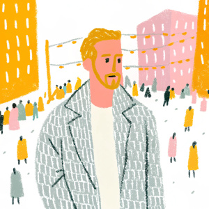 Ryan Gosling, with a well-groomed beard and styled hair, stands in front of a bright, bustling cityscape. He's dressed in a stylish herringbone coat and white tunic. His intense gaze captured in a candid shot, taken amidst a crowded urban festival.