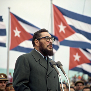 Fidel Castro, in a formal suit and glasses, delivering a speech. Multiple flags prominently displayed behind him.
