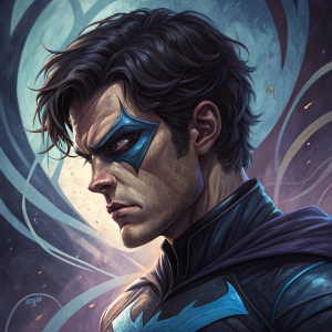 Close-up of Nightwing's face. Intense stare, dark hair. Abstract swirls background