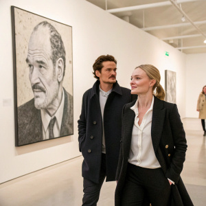 Orlando Bloom and Kate Bosworth strolling through a minimalist art exhibition. Bloom wears a dark coat. Bosworth in a black blazer over a white blouse. A huge grayscale portrait of a man looms on the wall behind them.