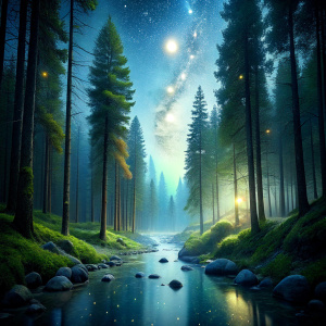 point of view angle, mystical woods, tall trees, moonlight, fireflies, river