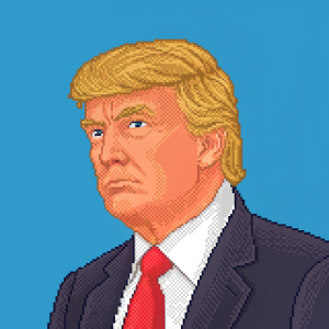 8-bit pixel art, Donald Trump, blue solid background, direct gaze, upper body, face