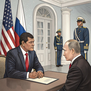 Formal meeting between Vladimir Putin and Rafael Correa. White House, USA. Background: American flag, uniformed guards.