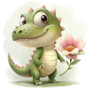 Cute cartoon very small tiny chibi crocodile smiling, next to a flower. White background.
High Detail, Detailed Drawing, Book Illustration, Cartoon, Children's Illustration, Vector, Grain