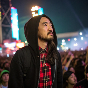 Steve Aoki, Asian male, intense gaze, wearing a black hoodie and flannel shirt. Standing in a bustling music festival crowd.