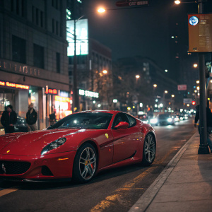 Red Ferrari 599 GTB parked outside a bustling urban street at night.