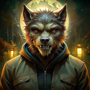 Draw a portrait of a humanoid furry werewolf, approximately 35 to 40 years of age and standing at a height of 165 to 170 centimeters. The face is oval in shape, with short hair. The eyebrows are straight and the back of the nose is also straight. The chin is straight and has a dimple on it. The ears are adjacent to the head. The subject is dressed in a black Bolognese jacket and blue sweatpants. On the face, there is a large scar located on the left side under the nose. Also, on the left leg, 

