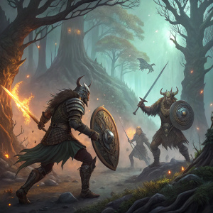 Metal band Manowar's latest album cover art. Epic fantasy battle scene with several warriors and mythical creatures in a mystical forest setting.