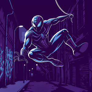 Digital artwork featuring Spider-Man in a leaping pose. Dark alley background, with graffiti and streetlights.
