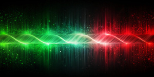 Red green black grainy gradient background glowing color wave on dark backdrop, noise texture banner header design