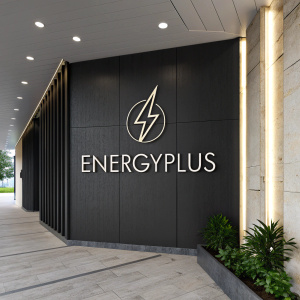 EnergyPlus logo design. Sleek, modern lightning bolt symbol at the center. Text in minimalist sans-serif font.