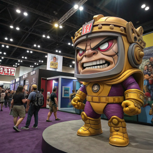 A 3D digital rendering of MODOK, Marvel villain, displayed at Comic-Con. Booths and fans in the background.