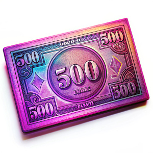 billete de 500 de monopoly de color rosita y moradito en un fondo blanco, recto 