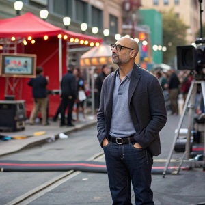 Stanley Tucci, standing solo in a bustling, vibrant movie set. Wearing casual attire, he exudes charm and professionalism amidst the chaos.