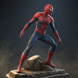 High-resolution 3D rendering of Spider-Man. Dynamic pose, detailed web patterns, standing on rocky base. Dark, grainy background.