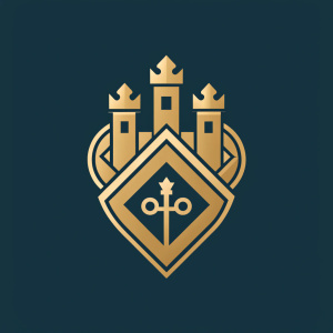 Flat ornamental logo related to building houses, use of key symbol, crown, English style, fleur-de-lis style, in one color, (((flat style))))