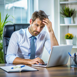 человек на работе в офисе работает и потеет потому что не успевает
