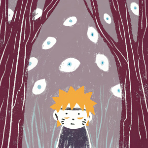 Naruto character, spiky blonde hair, determined face. Dark forest background with glowing chakra