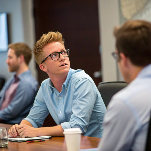 Tyler Oakley in a casual meeting. Wearing a light blue shirt. Attentive expression, sitting at a conference table with colleagues