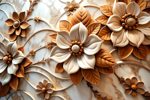 3D printable ceiling interior wallpaper with white luxury brown flowers, silk and marble background for wall