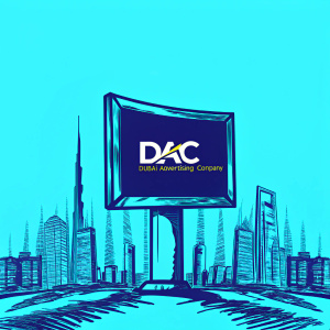 Modern digital ad featuring DAC Dubai Advertising Company's curved screen technology. Set against a futuristic cityscape, the screen displays dynamic content. Logo and branding prominently visible. Contemporary design emphasizing innovation in digital marketing.