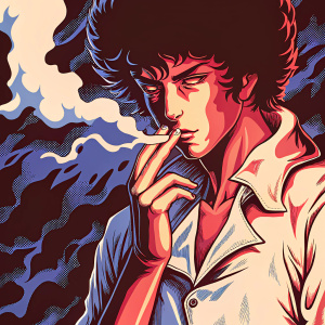 Illustration featuring Spike Spiegel from Cowboy Bebop. Smoking a cigarette, serious expression. Focused on upper body and face. Background has abstract shapes in shades of blue and black with highlights. Anime style.