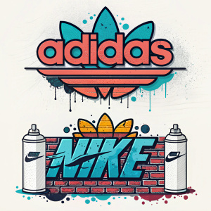 Illustration featuring stylized versions of adidas and Nike logos through graffiti art. Each logo transformed into unique street art designs.