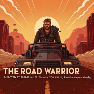 Movie poster for 'The Road Warrior'. Central character driving a massive, futuristic vehicle through a dystopian cityscape. Warm shades of orange and red dominate the background. Text at the bottom: 'Directed by George Miller, Starring Tom Hardy, Rosie Huntington-Whiteley'
