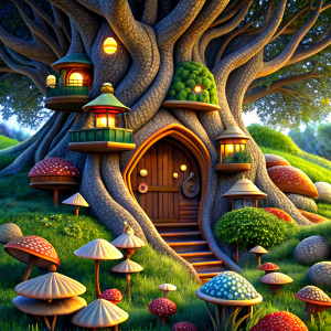 a room in the bark of a tree with books and mushrooms, grass on the floor, plants that give light and illuminate