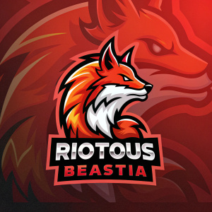 Logo design for Riotous Beastia. Fiery background, red fox mascot, dark-themed branding elements