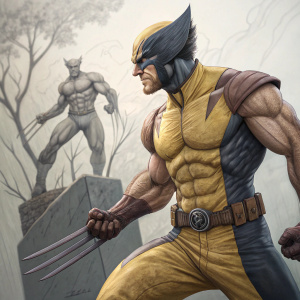 Digital art featuring Wolverine from X-Men, sculpted by Sergio Mengual. Sketch of Jean Grey in background