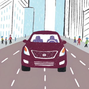 Maroon Nissan Altima parked on an asphalt street in the heart of a bustling city. The vehicle features a modern front grille and sleek design. Surrounding skyscrapers and bustling urban life in the background.