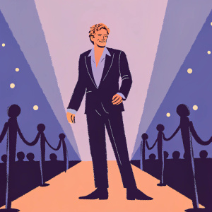 Simon Baker, actor, in a sleek black suit and light shirt, poses at a glamorous Hollywood gala. Glowing stage lights, vibrant audience, red carpet ambiance.