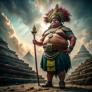 a huge tall morbid obese mayan warrior with a feather war hat, with a lance and a shield, standing on Guatemala mayan pyramids on the back, dramatic low angle