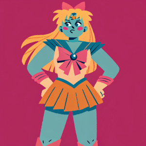 Character design of Sailor Venus from the anime Sailor Moon. Bright yellow hair, determined expression. Orange outfit with V-neckline. Background: Solid pink