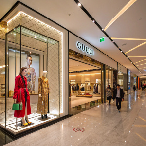 Gucci boutique located in the vibrant Westfield Sydney mall, after hours. Neon lights and busy shoppers in the background.
