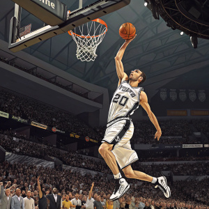 Illustration of Manu Ginobili leaping for a slam dunk. Background is packed stadium. Cheers from crowd