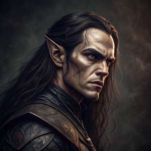 Close-up portrait of a fantasy character, a dark elf with a fierce expression. Long dark hair, pointed ears. Dark, textured background