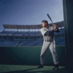 Justin Smoak, in his Seattle Mariners jersey, practicing swings in an empty stadium.