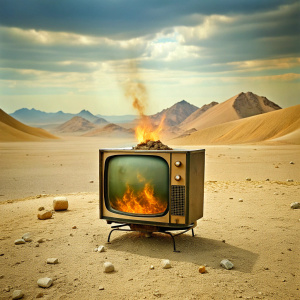 TELEVISOR ANTIGUO ENCENDIDO     EN EL DESIERTO 