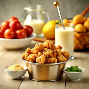 chicken popcorn with mayo sauce and ingredients  in kitchen large