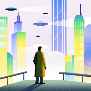 Poster for Blade Runner featuring Harrison Ford. Futuristic cityscape at dusk, towering buildings, neon lights